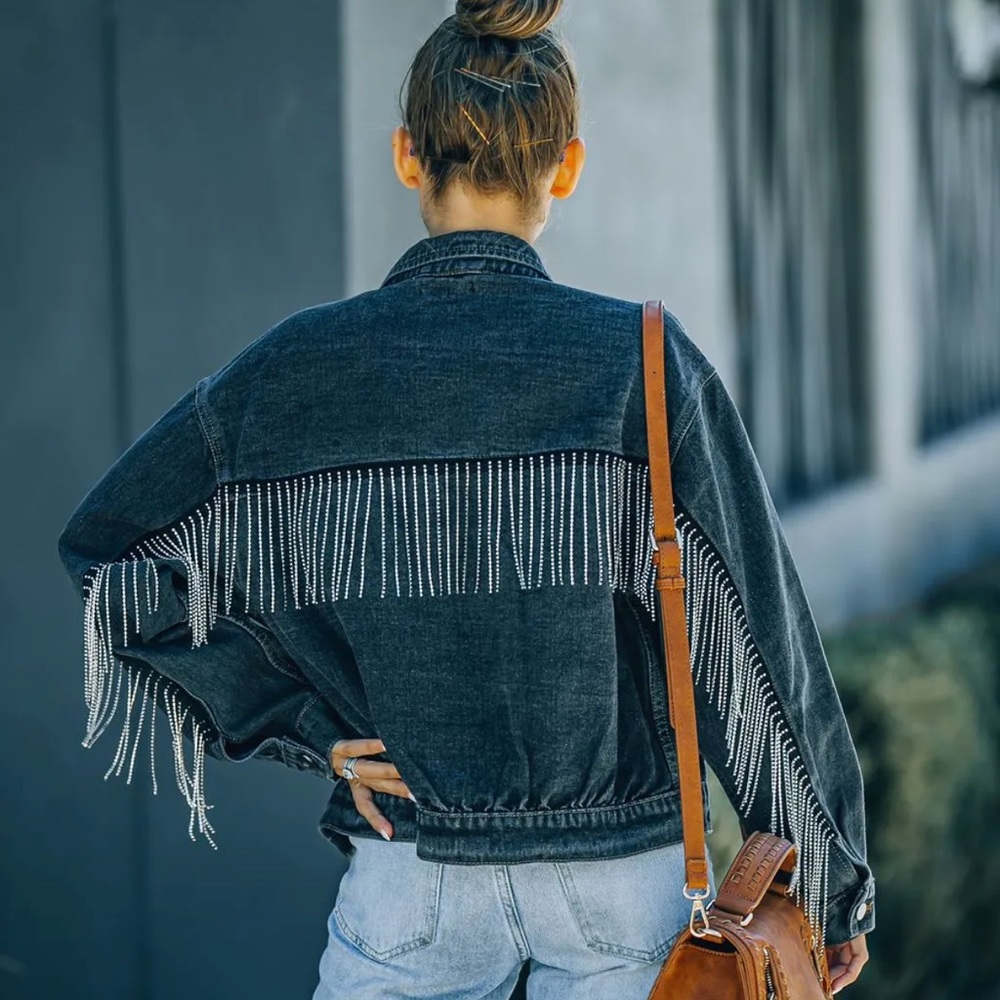 🚨LAST SMALL EVER🚨Last Call Rhinestone Fringe Denim Jacket - Picture 3 of 16